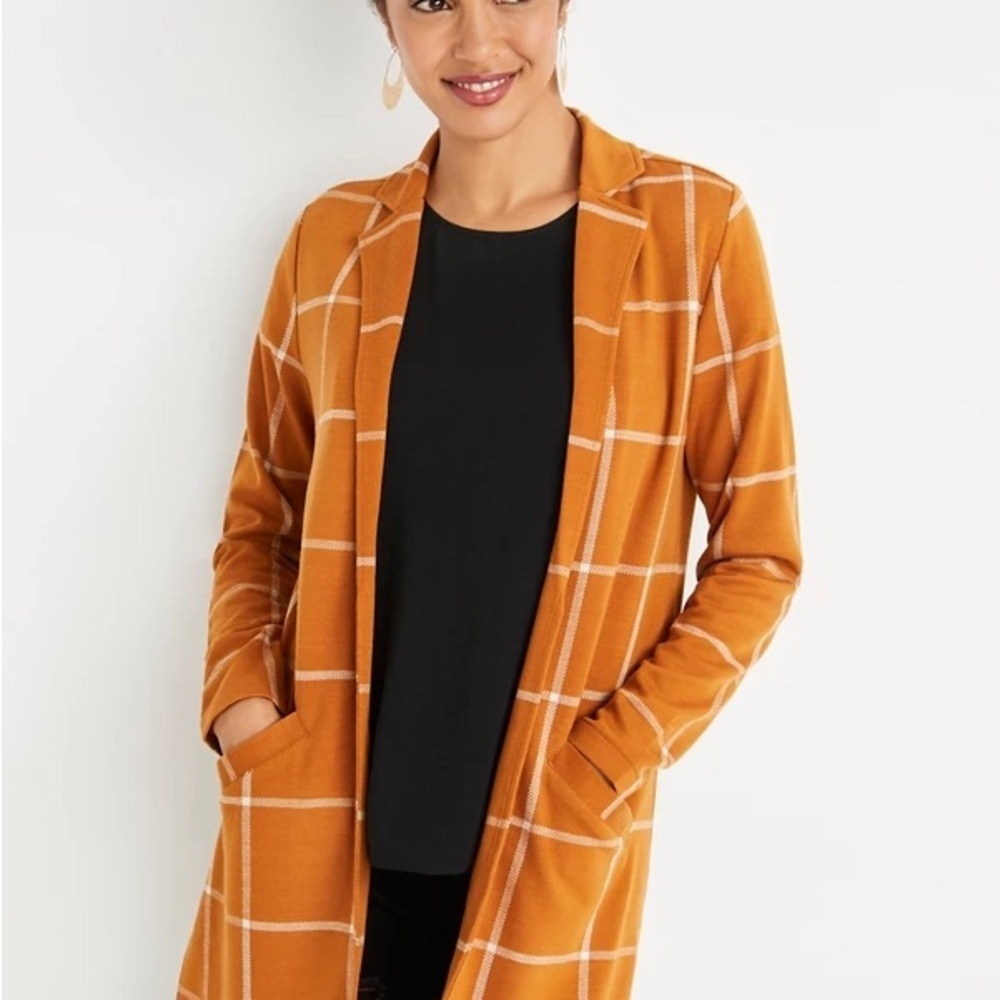 NWT Maurices Sz S Plaid Gold Duster Cardigan Collared Sweater— Long, Relaxed Fit